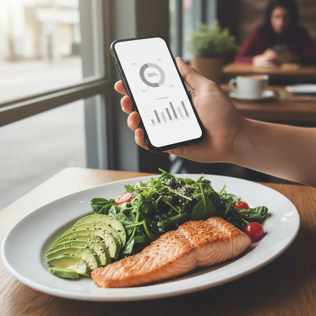 Scanning food with ScanFood.AI — phone showing calorie breakdown over a salmon and avocado plate